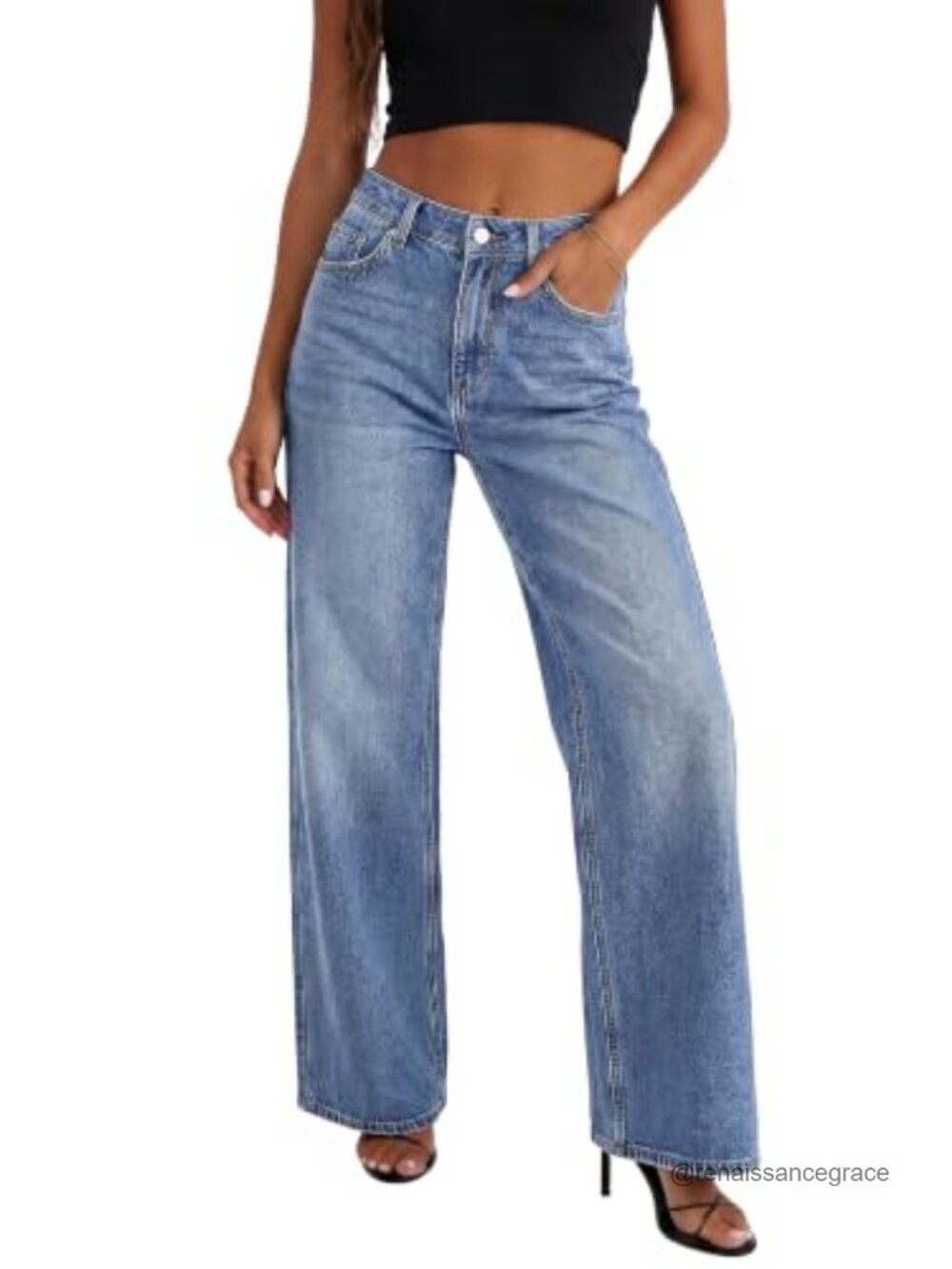 High Waisted Wide Leg Stretchy Denim Jeans with Pockets